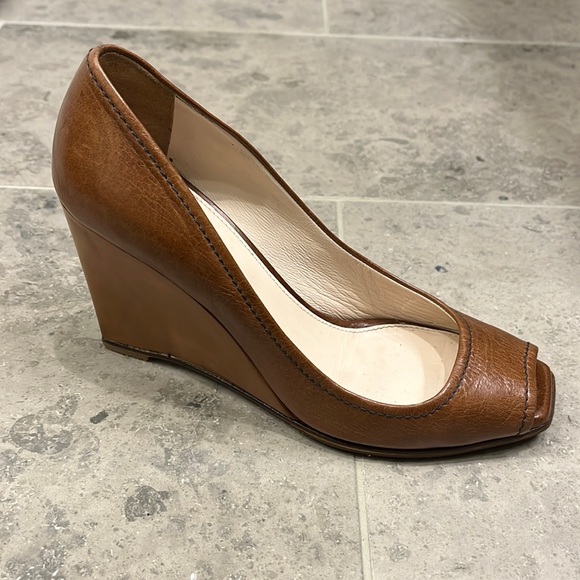 Prada Camel Leather Peep Toe Wedge Heel (37)